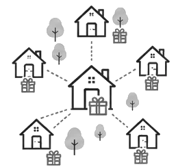A house with a gift, linked to six neighboring houses